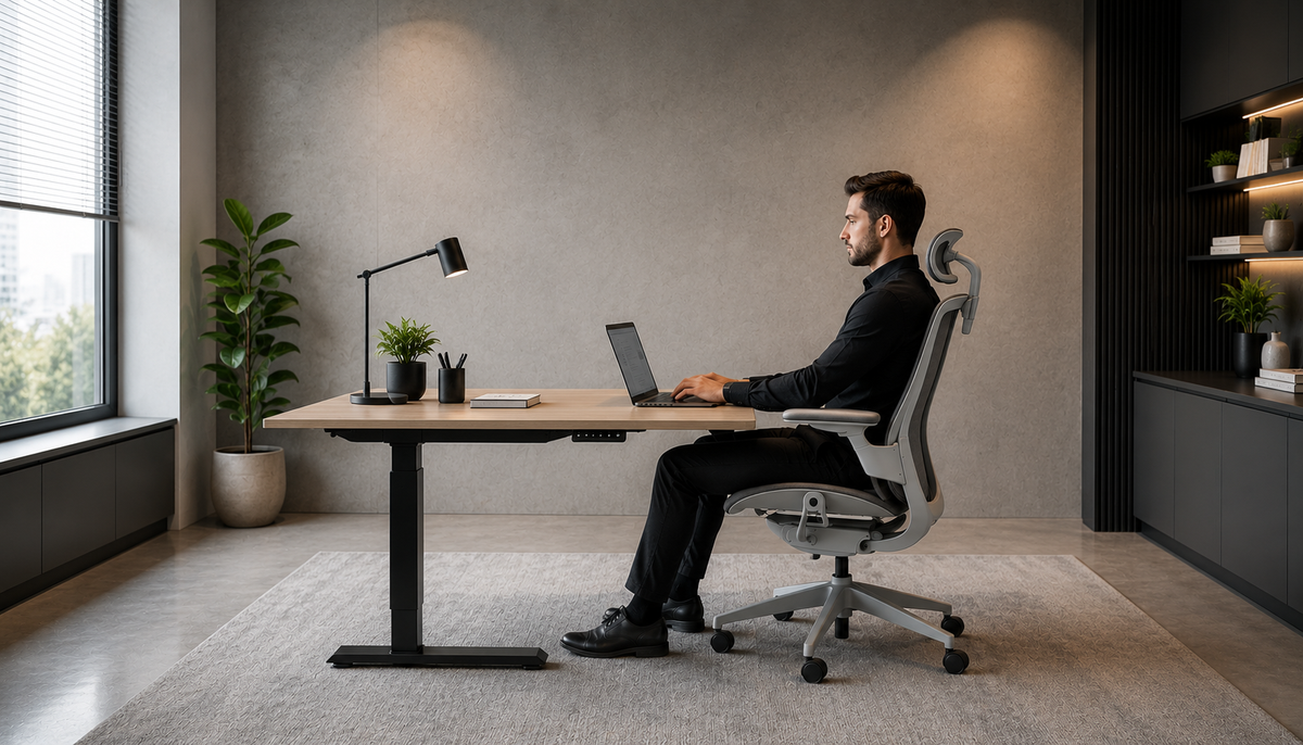Ergonomski pisarniški stol in miza Ergosed v sodobni pisarni.